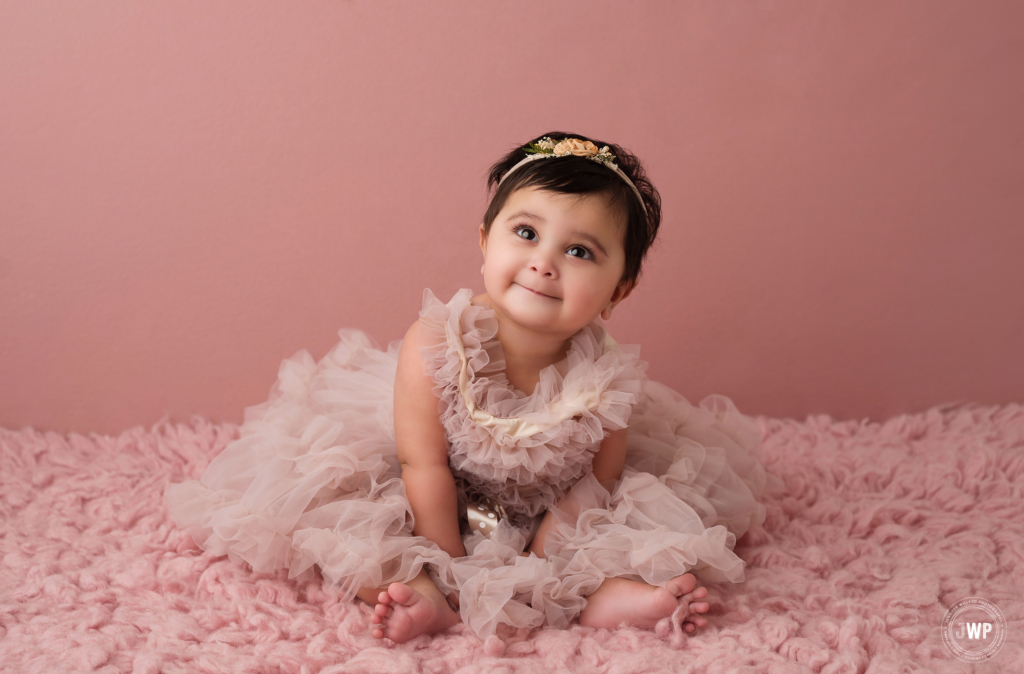 6 month old girl blush pink ruffle dress Kingston baby photographer