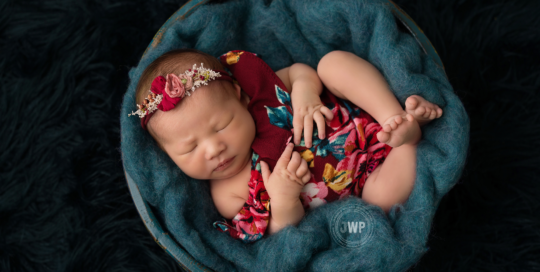 baby girl red romper teal bucket Kingston newborn photographer