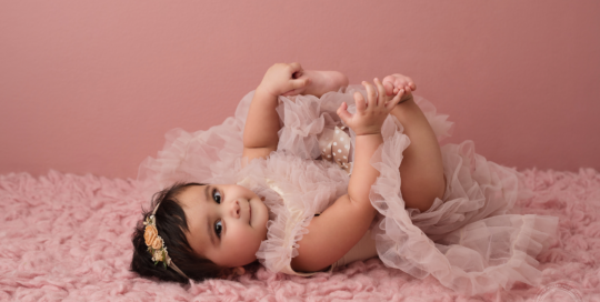 6 month baby girl pink ruffle dress Kingston baby photographer