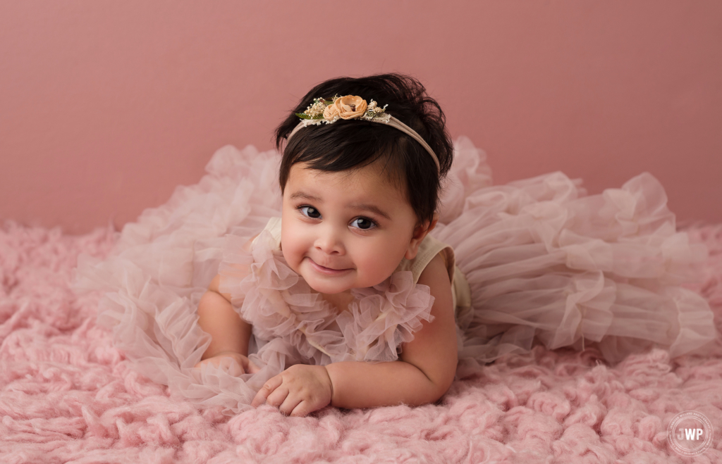 blush pink ruffle dress 6 month old girl Kingston baby photographer