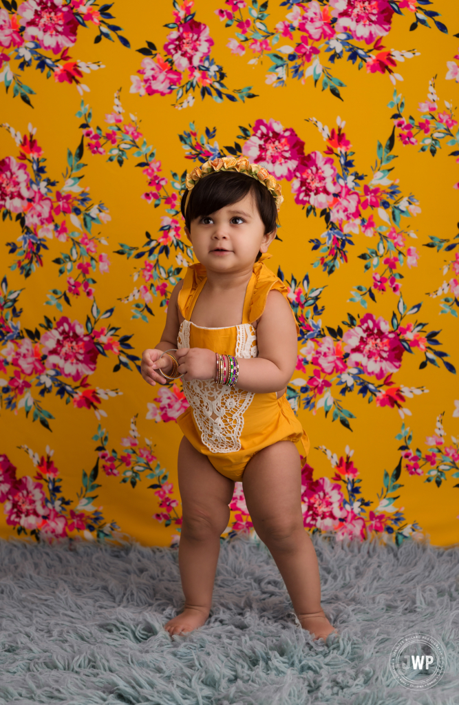 first birthday girl yellow pink flower backdrop Kingston baby photographer
