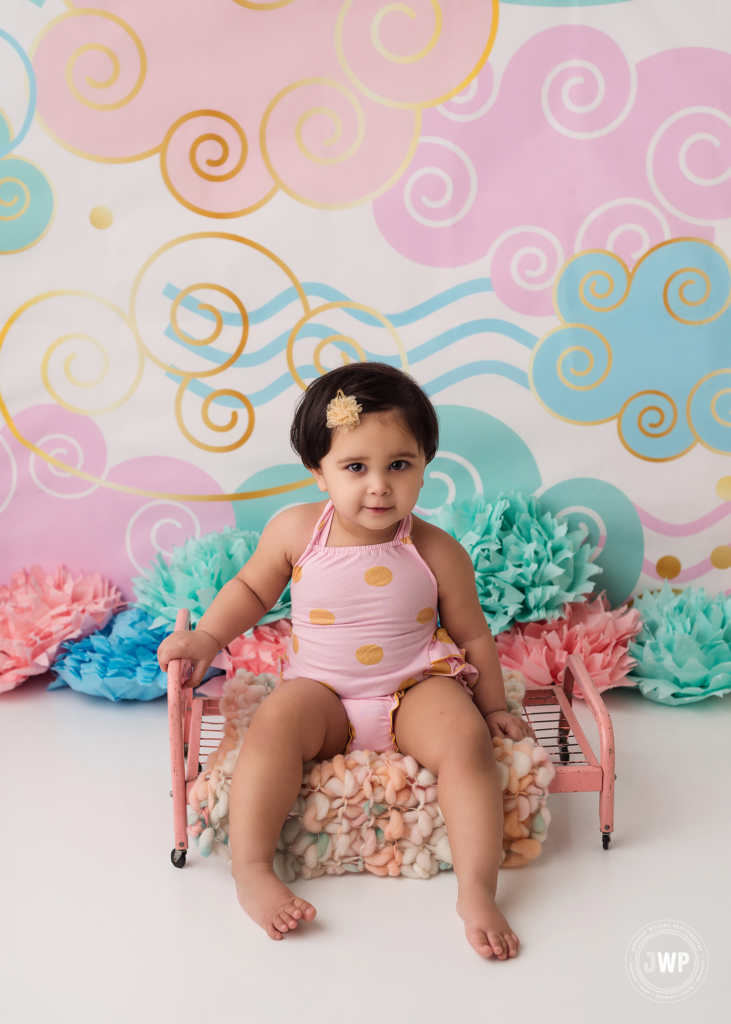 first birthday milestone pink blue mint gold backdrop bed Kingston baby photographer