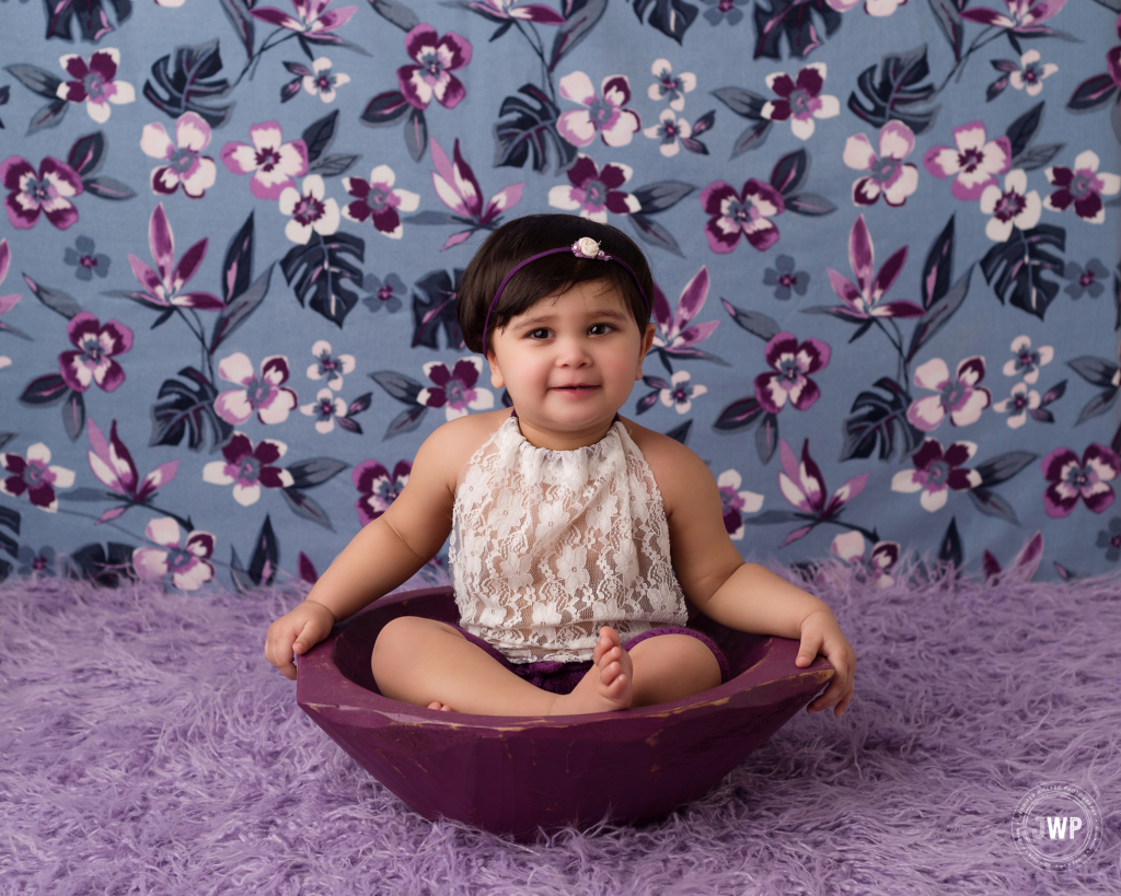 first birthday milestone purple blue backdrop Kingston baby photographer