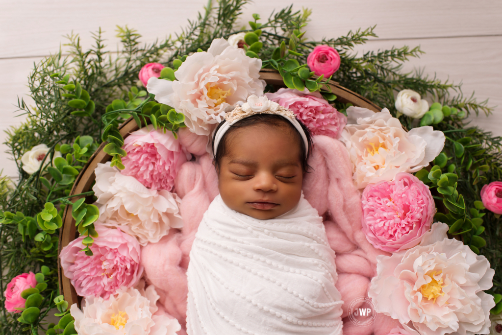 flower wreath white wrap baby girl Belleville newborn Photographer