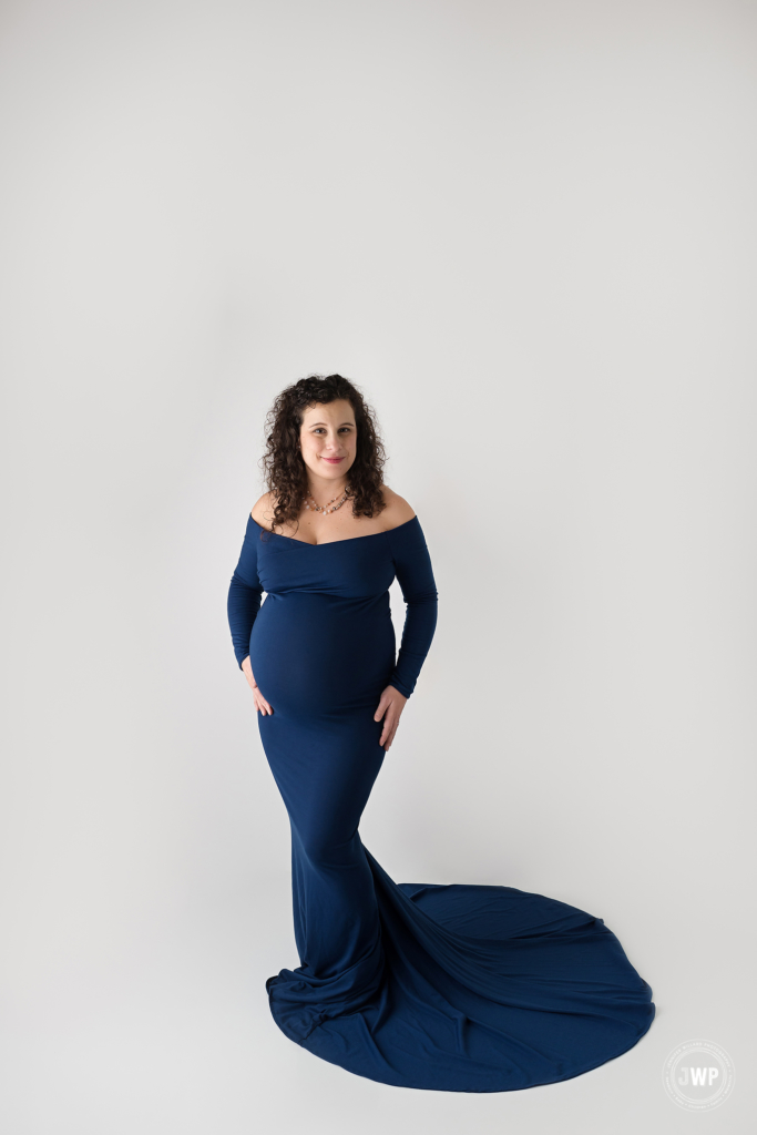 pregnant mother navy blue dress white studio Kingston maternity photographer