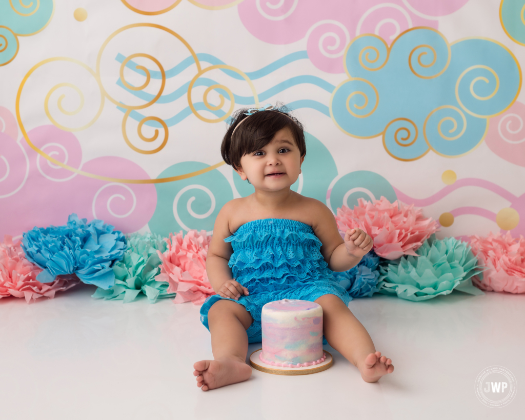 watercolour painted cake mint blue pink gold cloud backdrop Kingston first birthday photographer