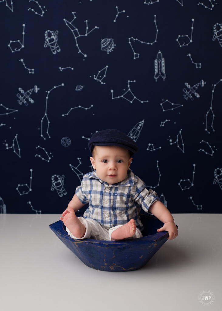 Baby milestone blue bowl blue space backdrop Kingston portrait photographer