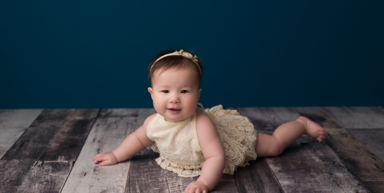 6 month old baby girl crochet boho romper teal backdrop Kingston baby photographer