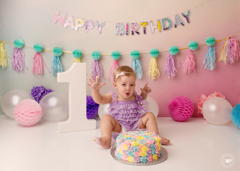 First birthday Rainbow cake smash Kingston baby milestone photographer
