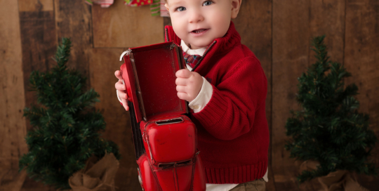 Holiday theme red truck christmas trees Kingston first birthday photographer