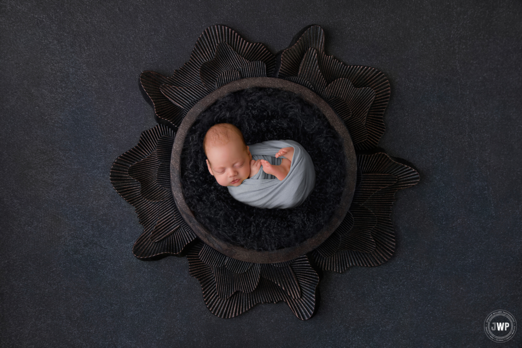 baby boy grey wrap metal bowl composite Kingston newborn photographer