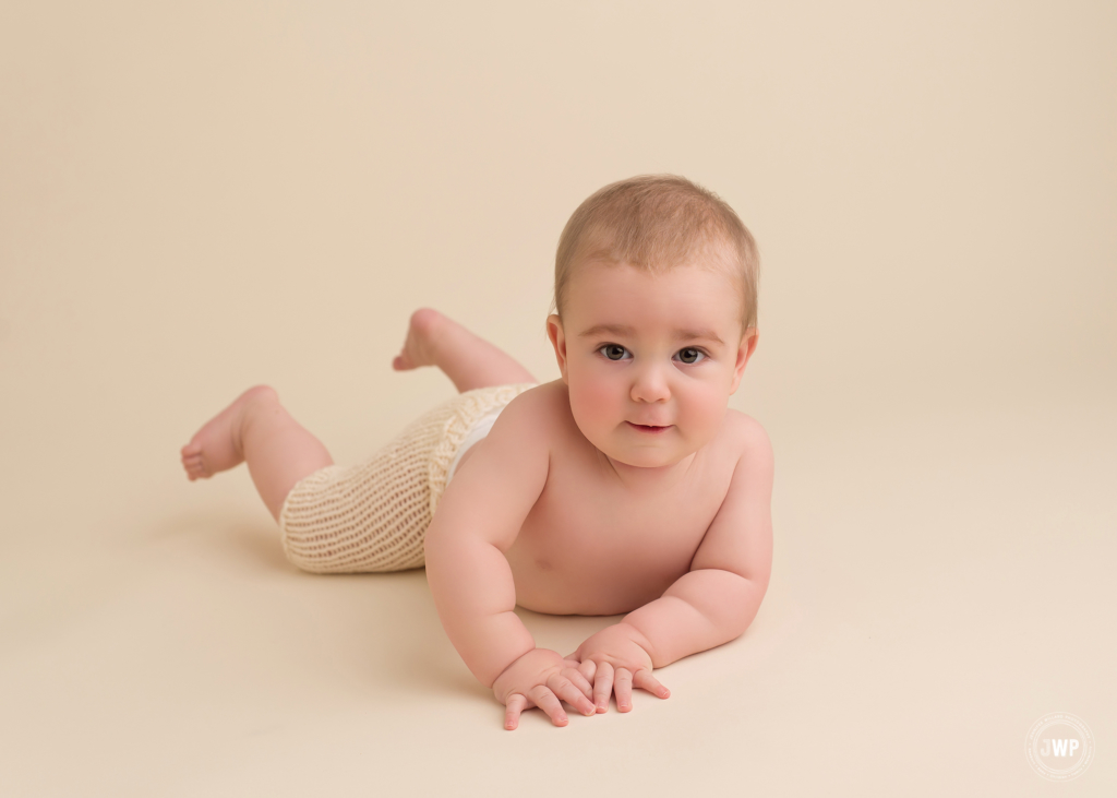 baby boy milestone portrait bone colour backdrop Kingston photographer