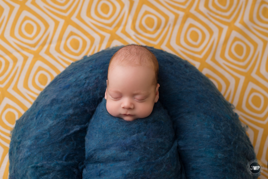 baby boy navy blue wool fluff yellow backdrop Kingston newborn photographer