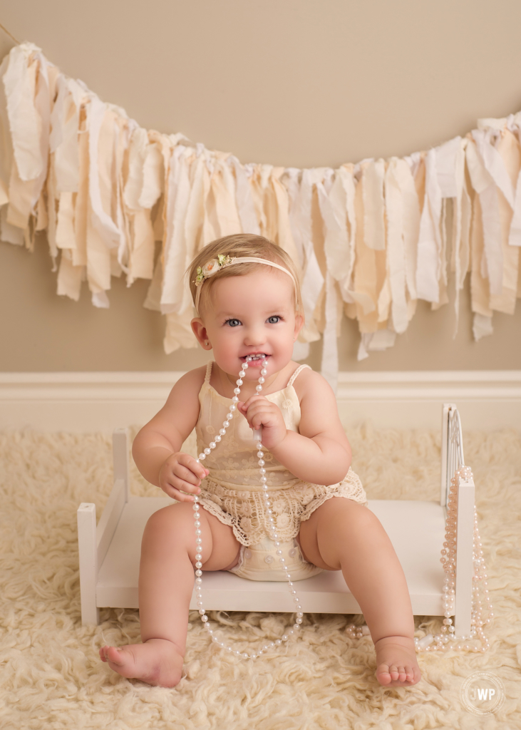 baby first birthday pearls neutral backdrop Kingston cake smash photographer