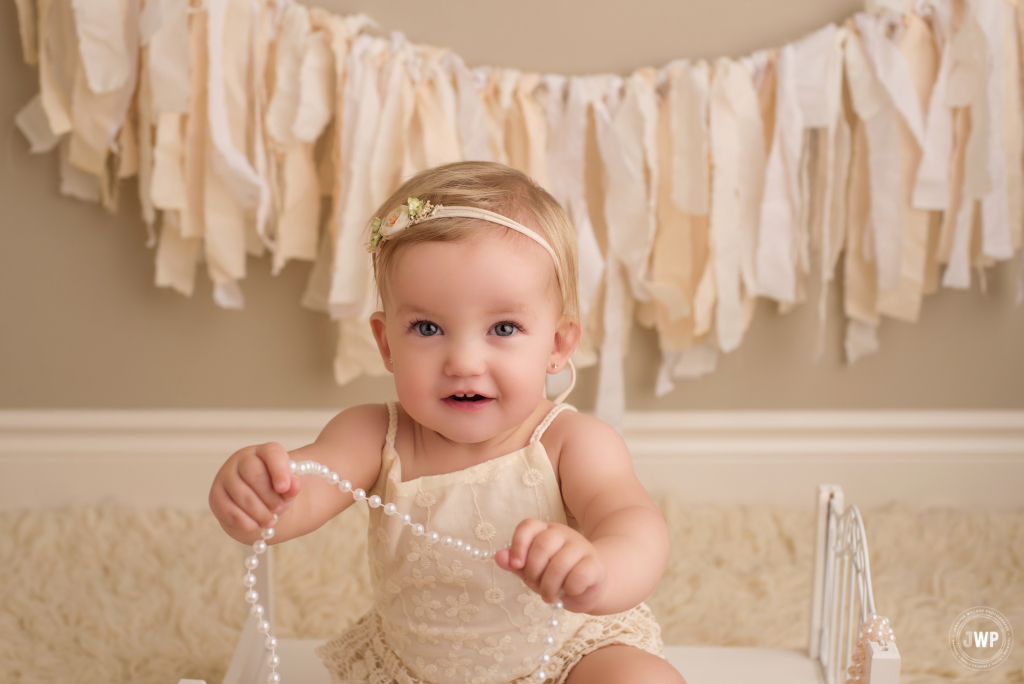 baby girl cream crochet romper pearls Kingston First Birthday Photographer