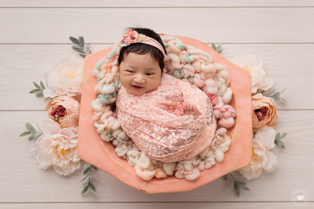 newborn girl pink bowl flowers lace Kingston baby photographer