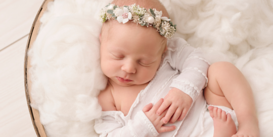 baby girl white romper flower halo Kingston newborn photographer