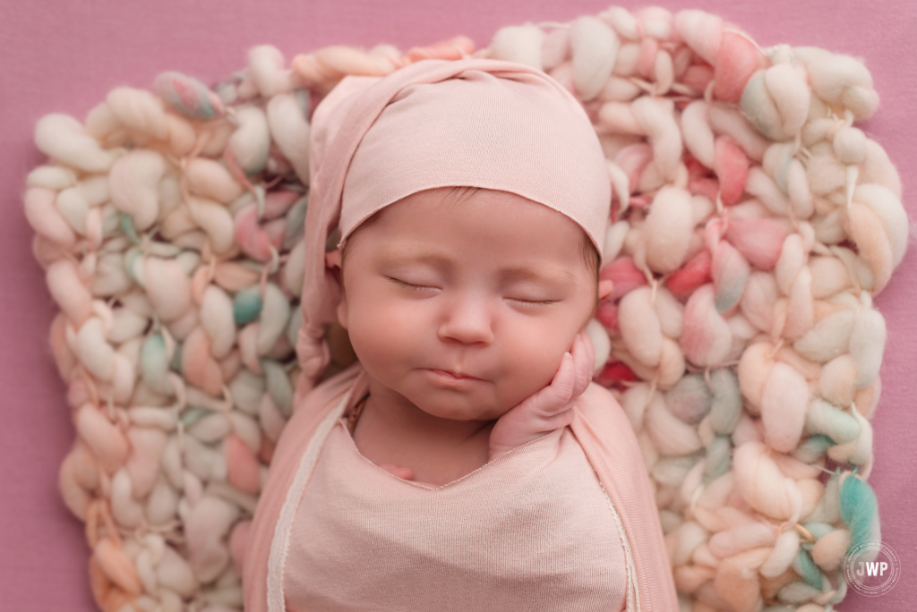 baby girl pink sleepy hat pastel merino blanket Kingston newborn photographer