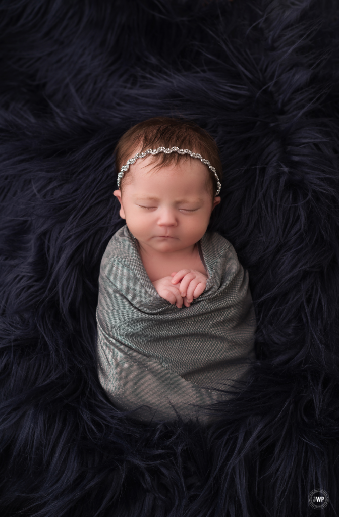 baby girl silver wrap crystal headband Blue flokati Kingston newborn photographer