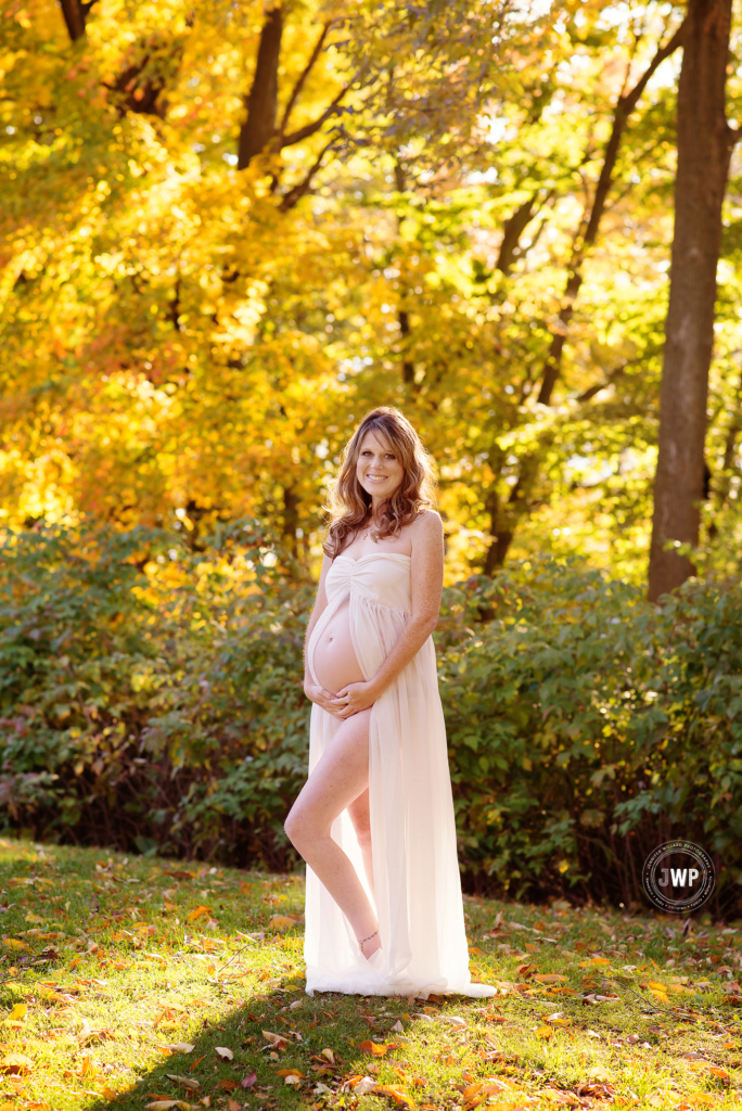 white dress golden light Fall leaves Kingston Pregnancy Photography