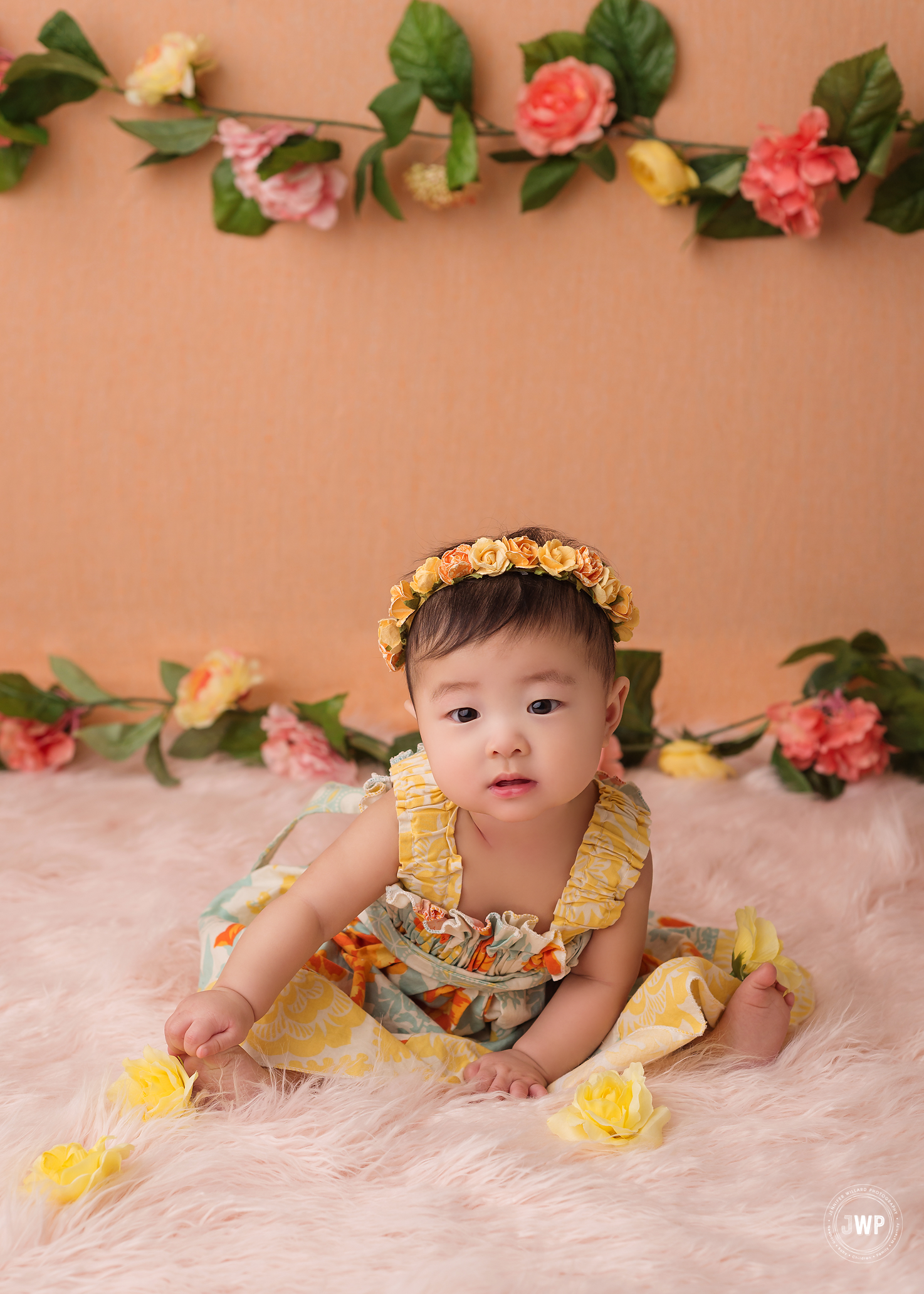 baby girl 6 months old flowers pink yellow tangerine Kingston milestone photographer