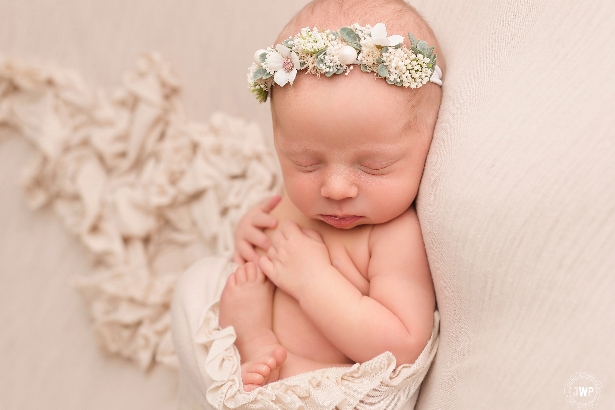 baby girl cream blanket flower halo ruffle wrap Kingston newborn photographer