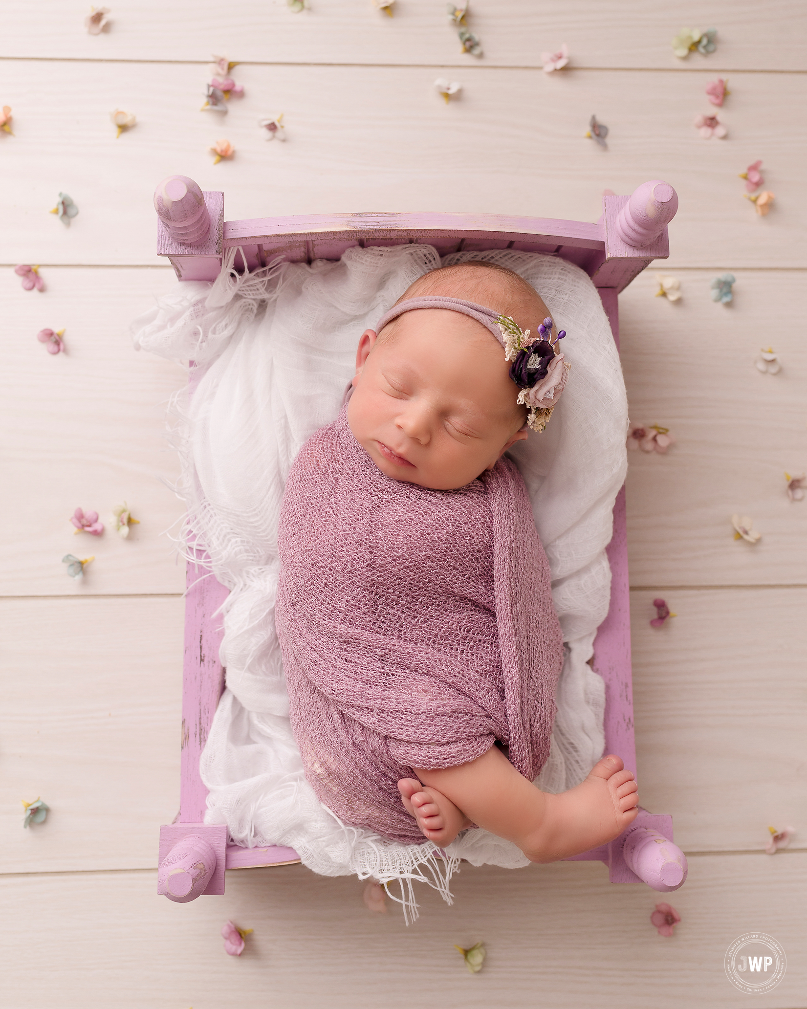 baby girl purple wrap bed flowers Kingston newborn photographer