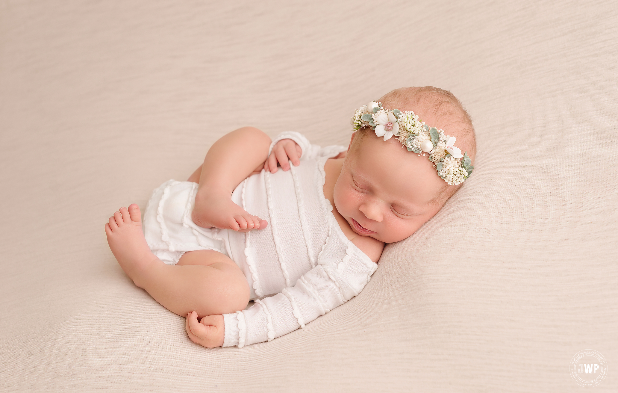 baby girl white ruffle romper flower halo cream blanket kingston newborn photographer