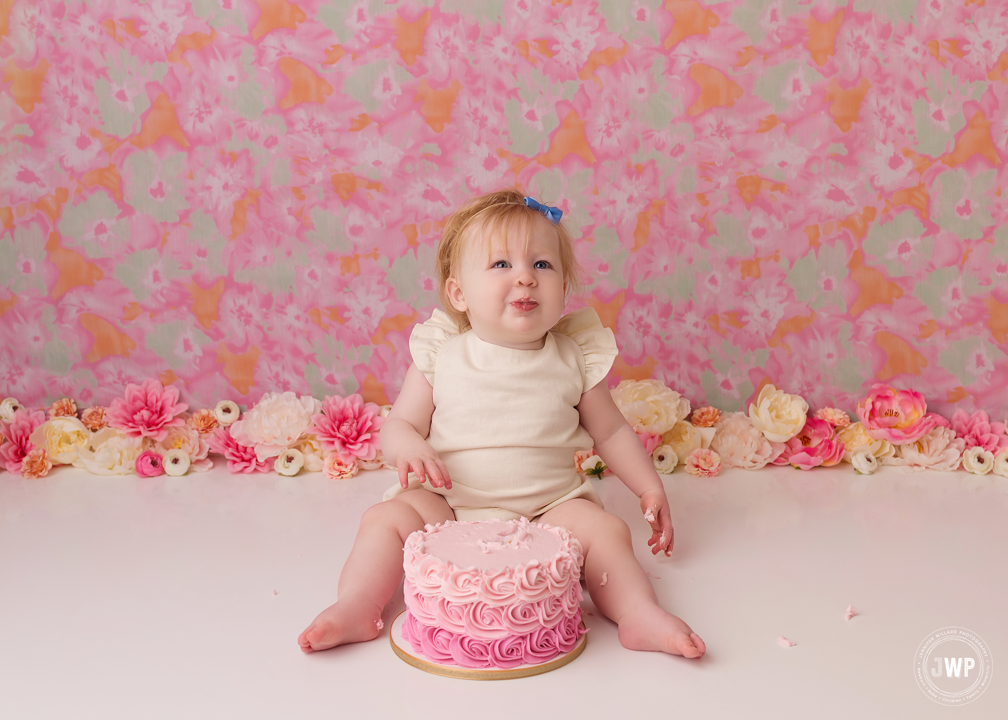 cake smash first birthday pink flowers Kingston baby photographer