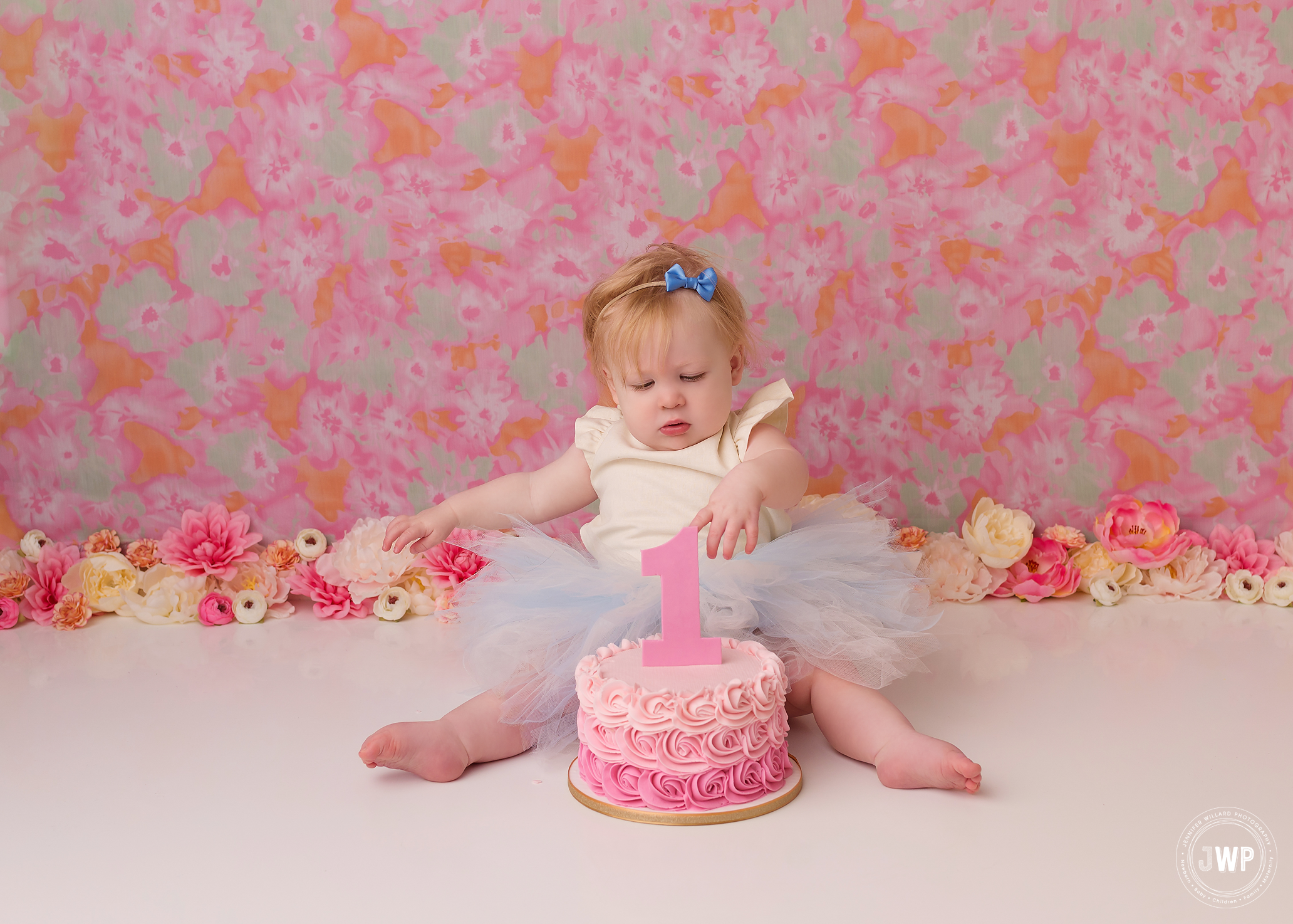 first birthday cake smash pink flowers Kingston baby photographer