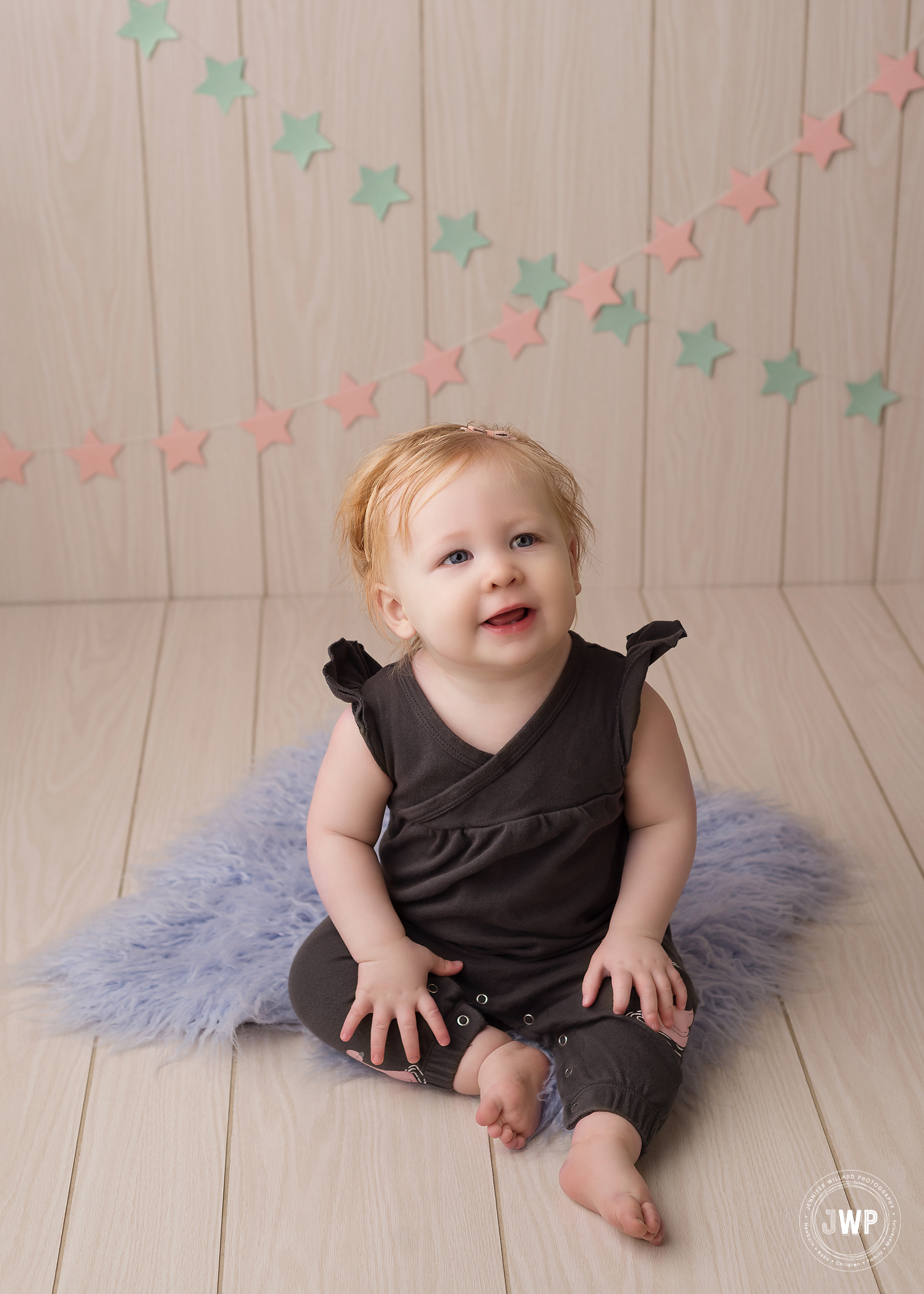 first birthday pink blue stars wood floor girl Kingston baby photographer