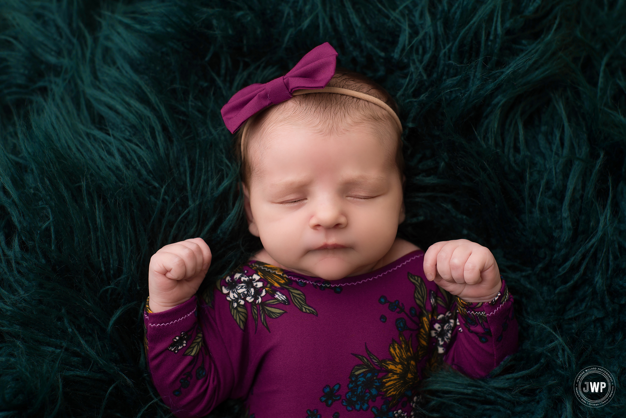 newborn girl green flokati purple romper bow headband Kingston photographer