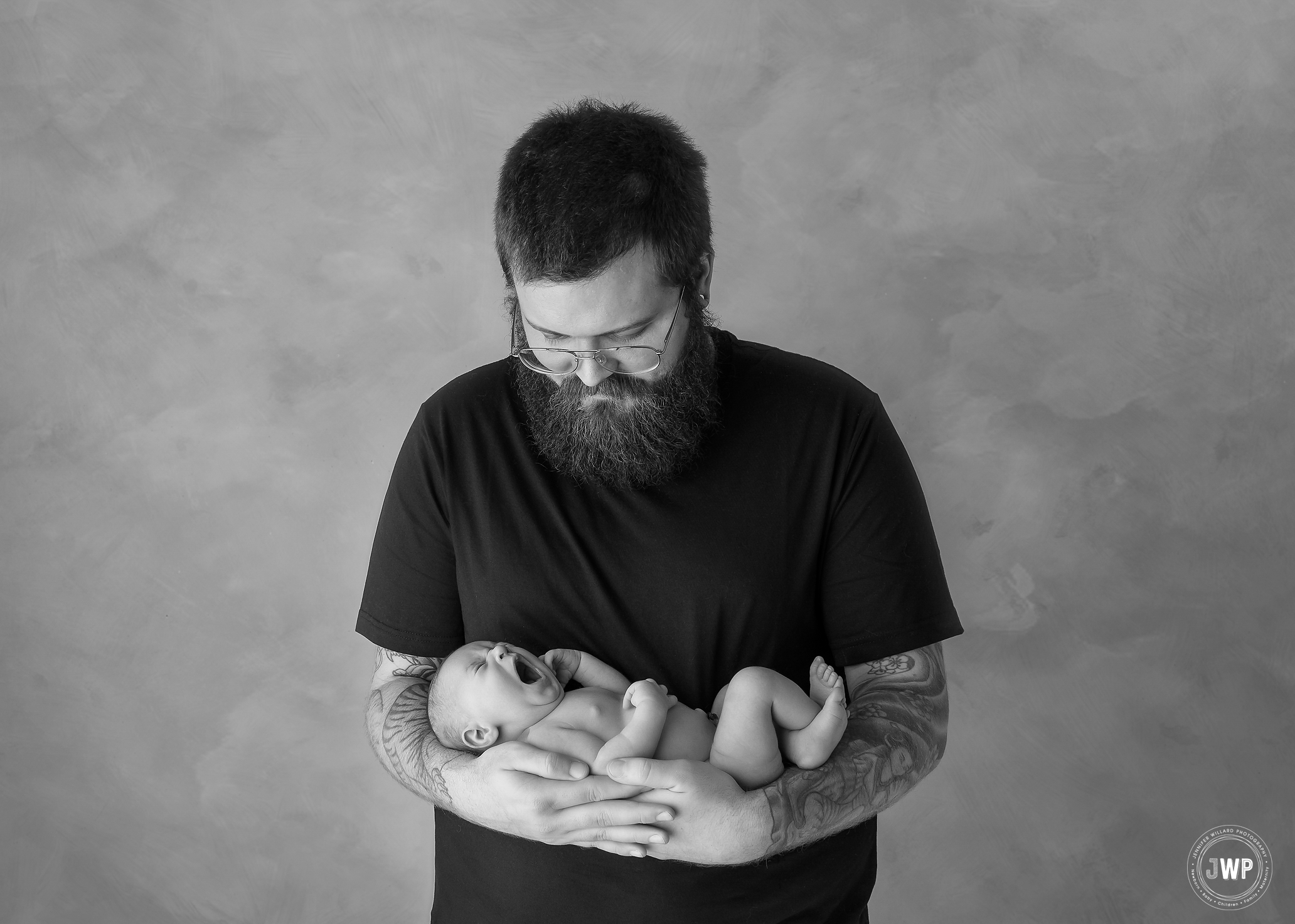 newborn girl yawning Father black and white Kingston baby photographer