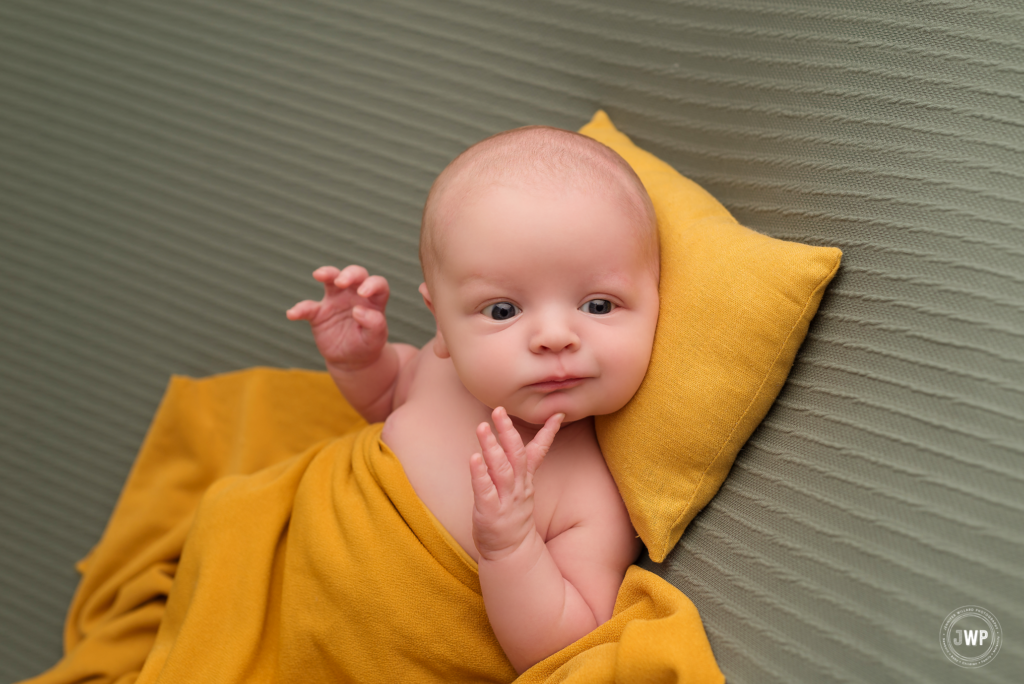 newborn boy olive green blanket yellow pillow wrap Belleville baby photographer