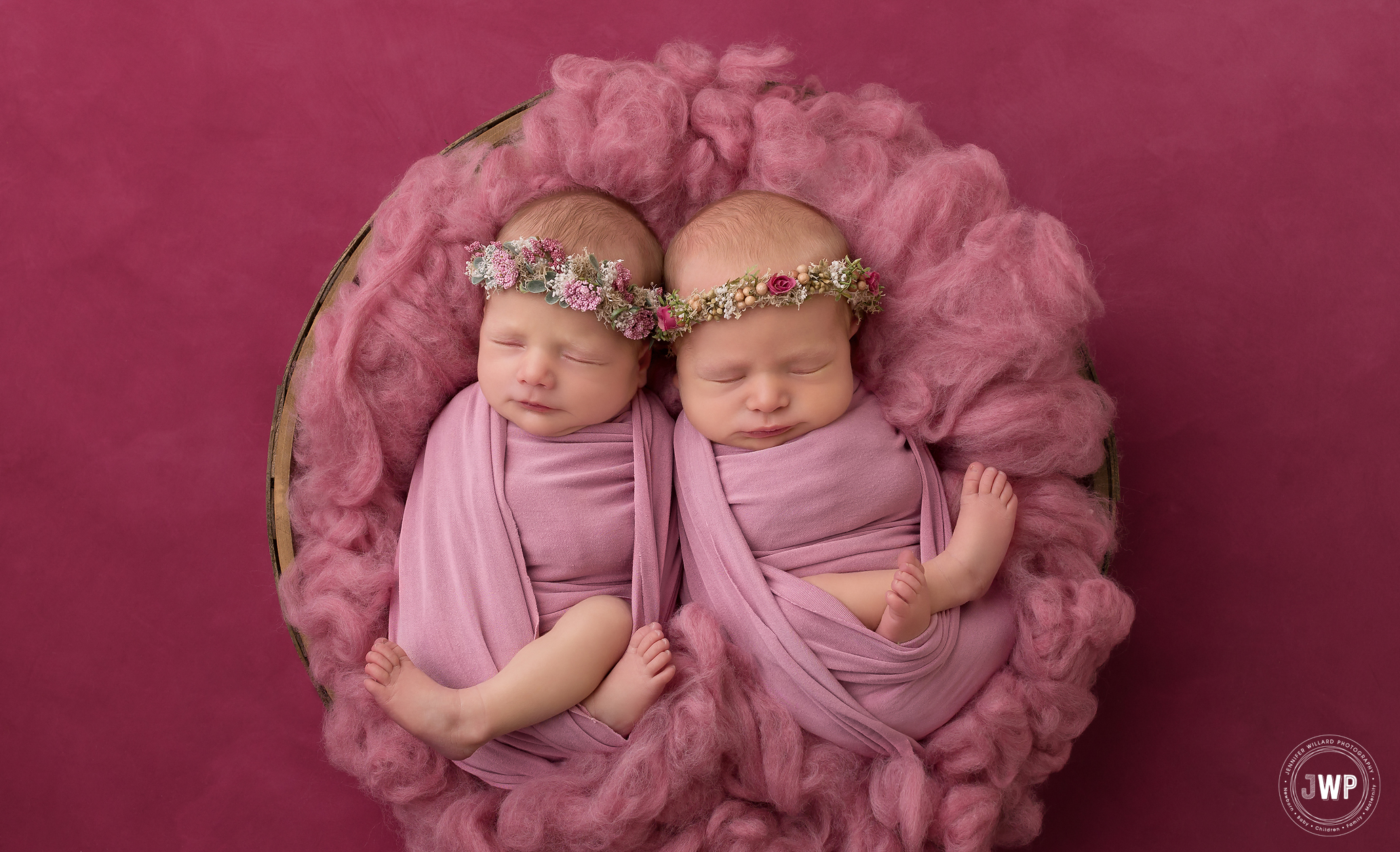 twin girls flower halo wool fluff Kingston Ontario Newborn Photographer