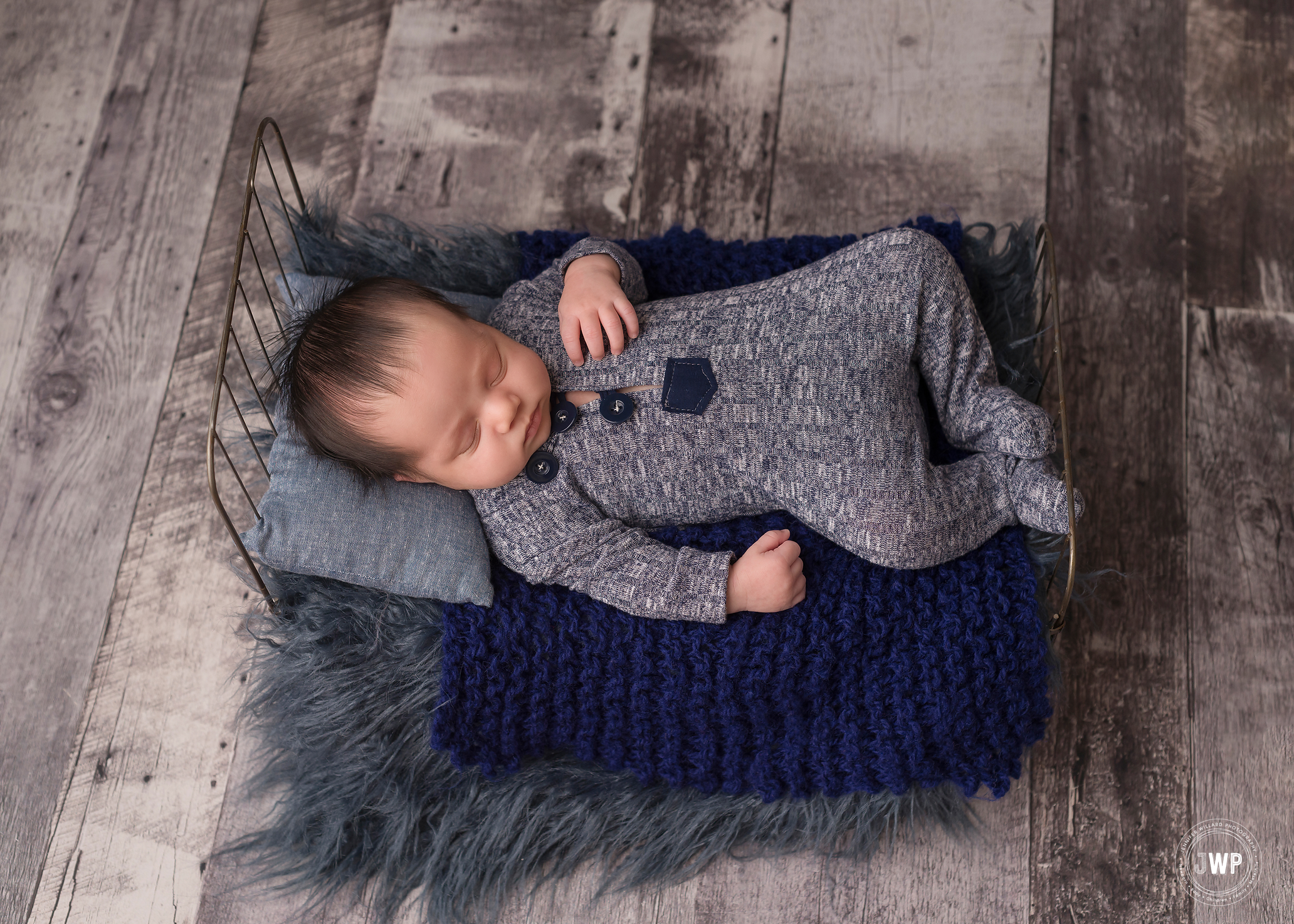Newborn baby boy metal bed blue grey colour palette Belleville Family Photographer