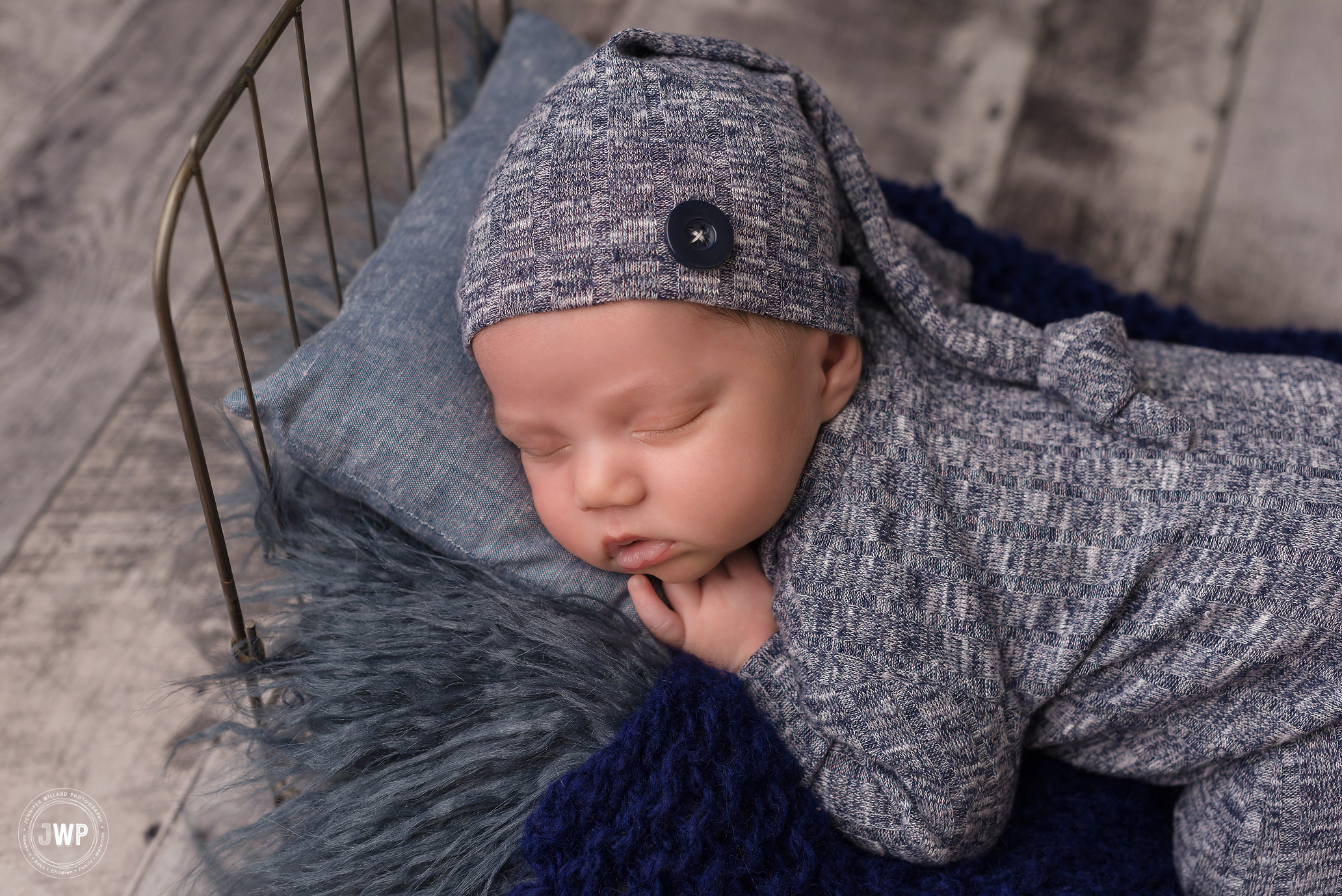 baby boy blue pajamas metal bed Kingston Newborn Photographer