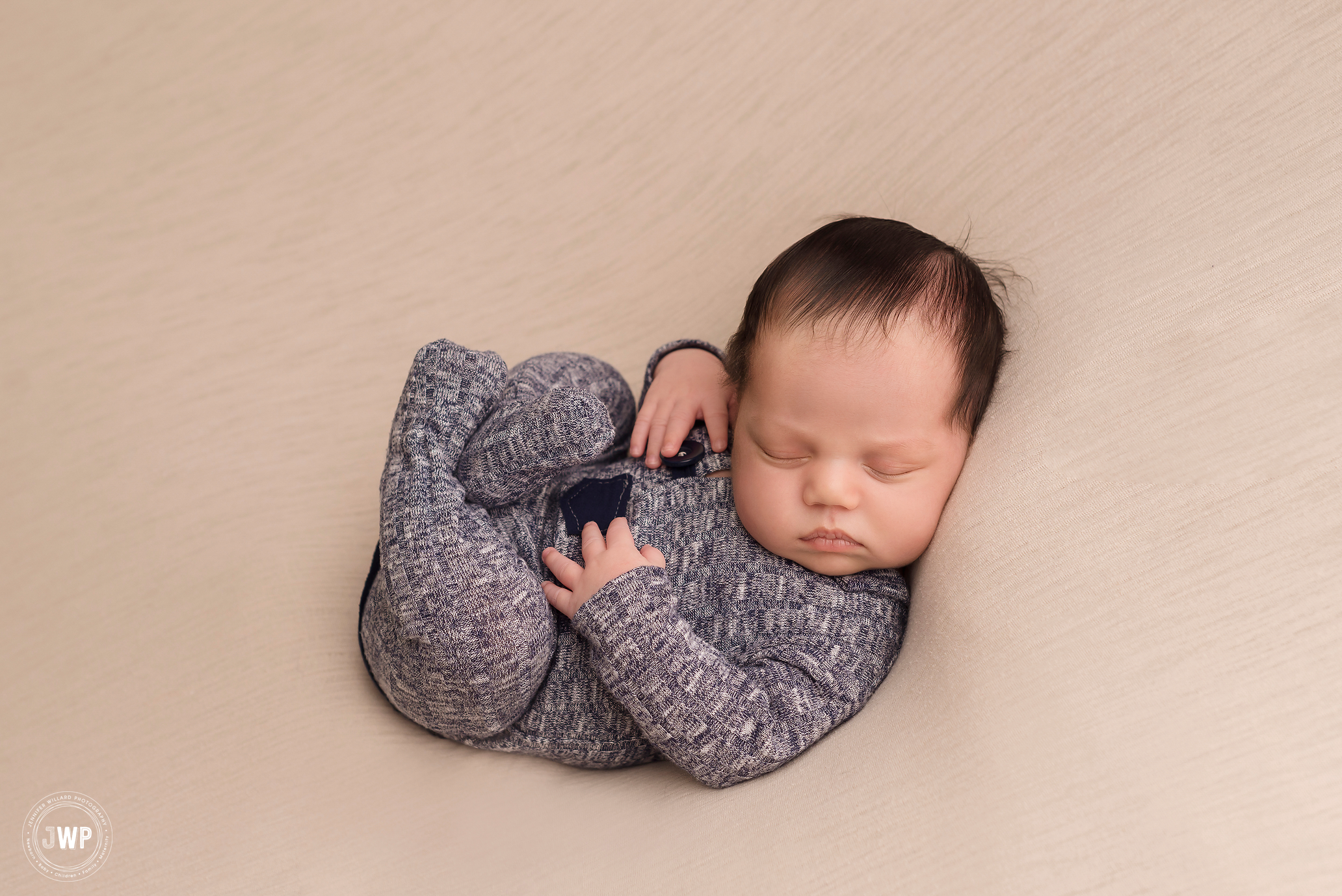 newborn boy cream blanket blue romper Kingston baby photographer