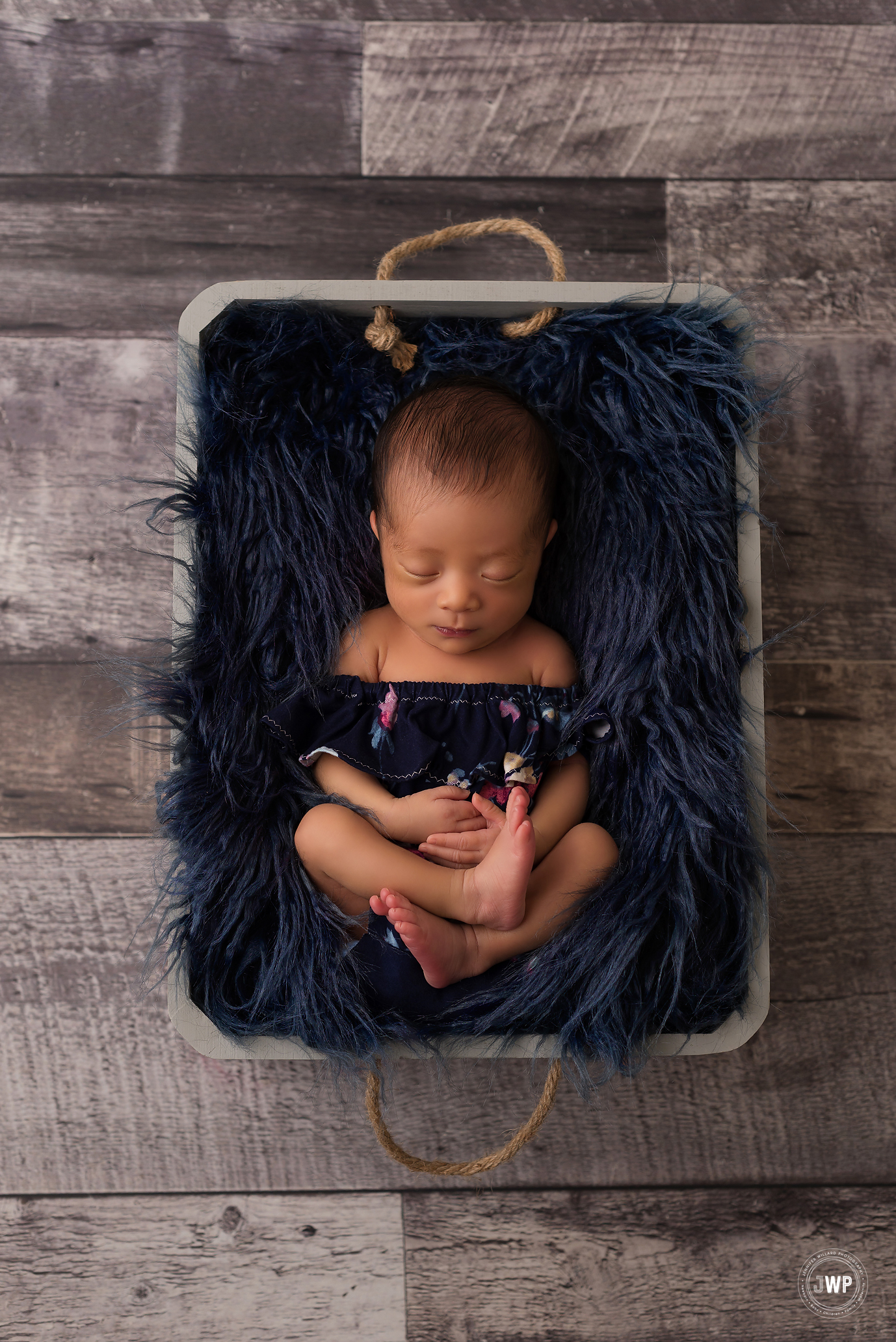 Asian baby girl blue floral romper grey crate barnwood Kingston newborn photographer