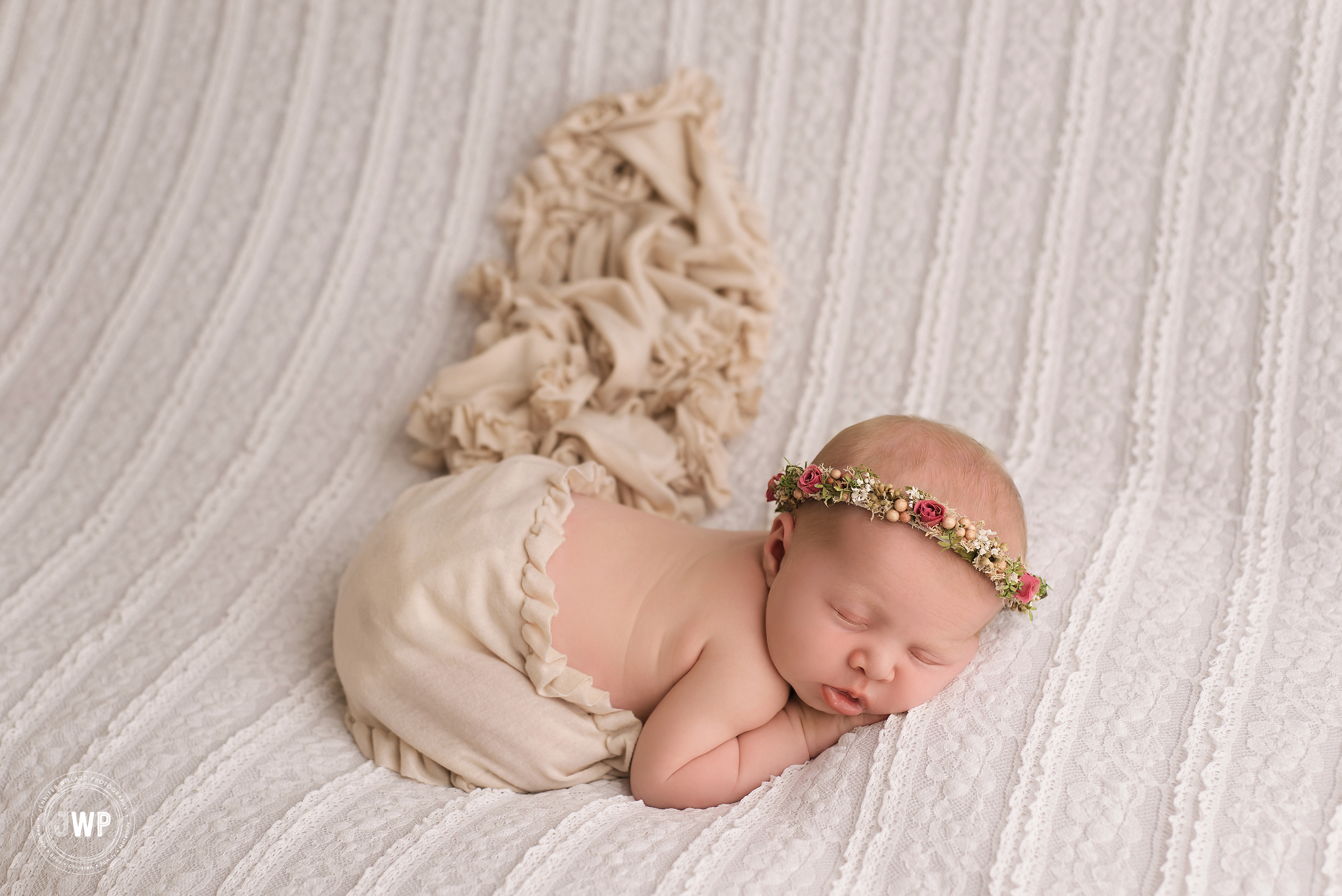 Kingston newborn photographer white lace blanket wrap flower halo