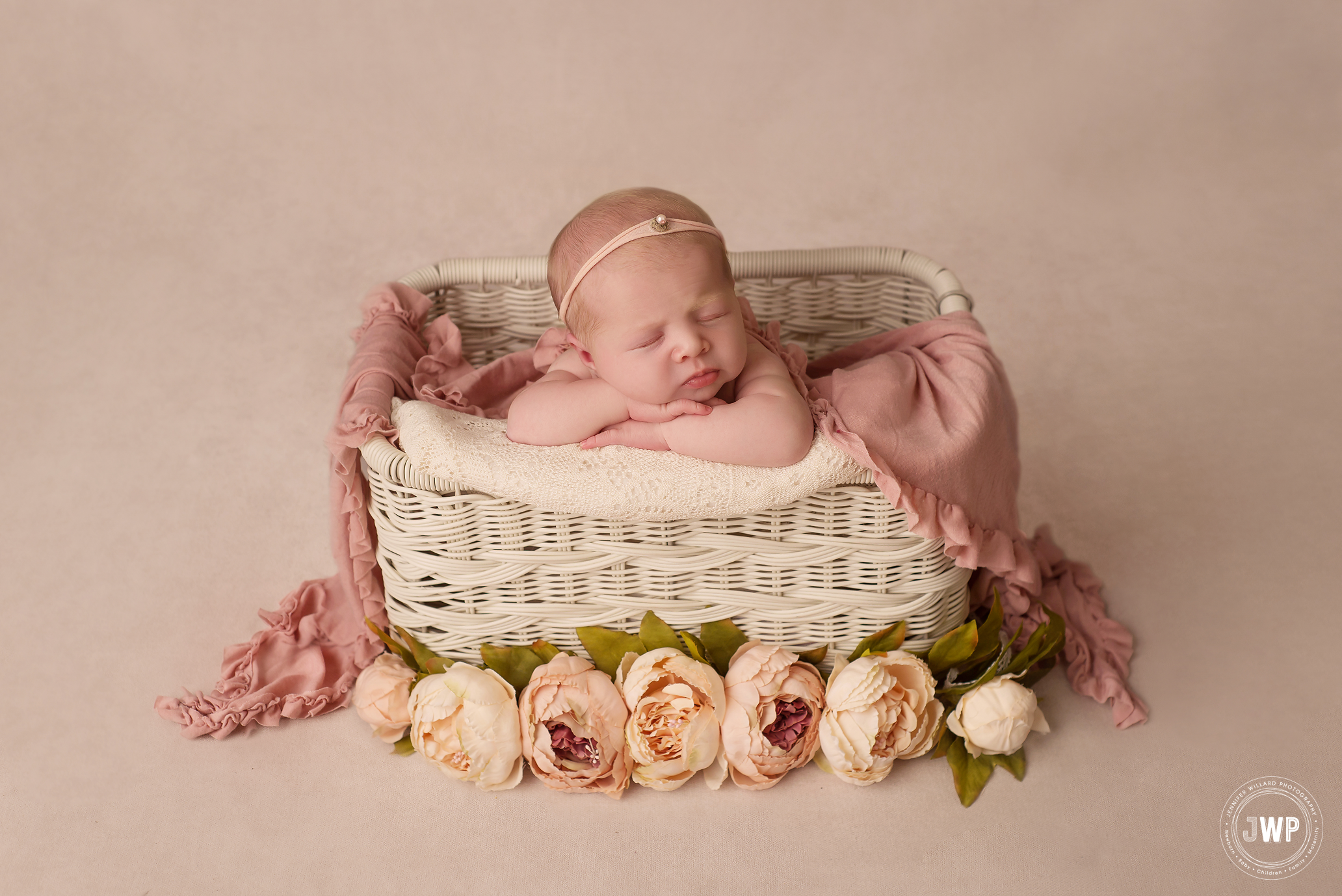 newborn baby girl flower basket pink cream Kingston portrait studio