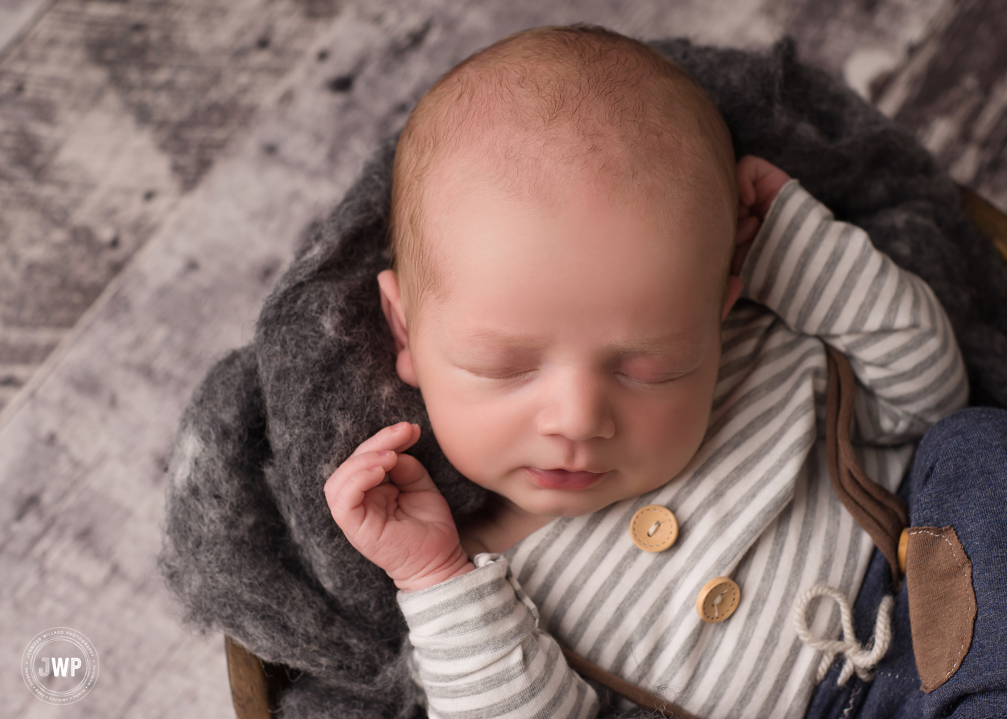 newborn boy grey wood floor bowl stripped shirt suspenders Kingston baby photographer