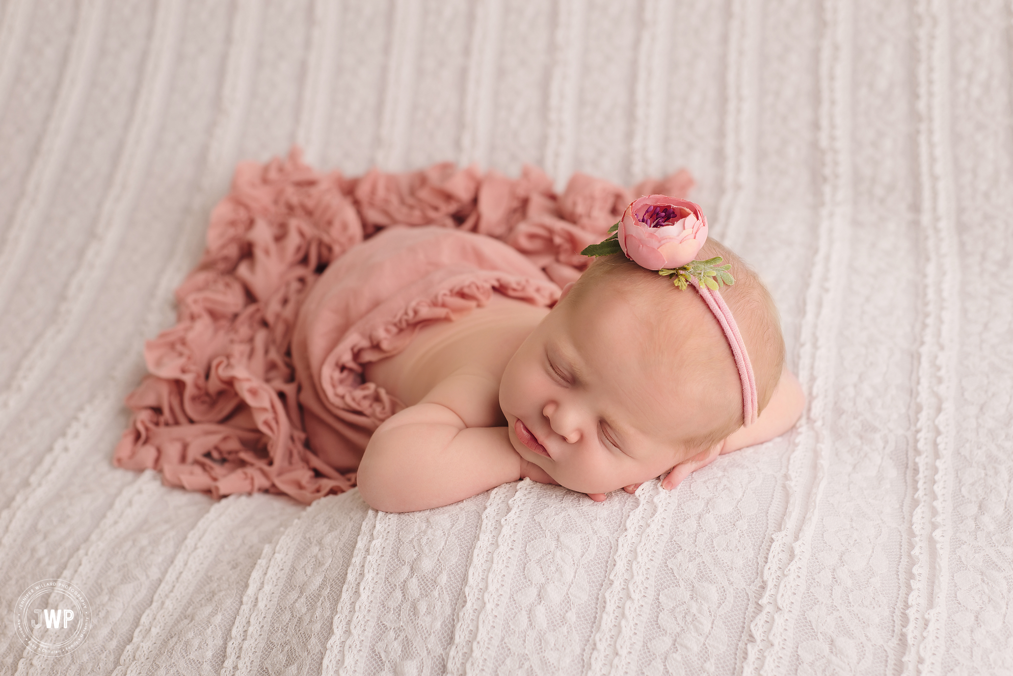 newborn girl white lace pink wrap flower headband Kingston baby photographer