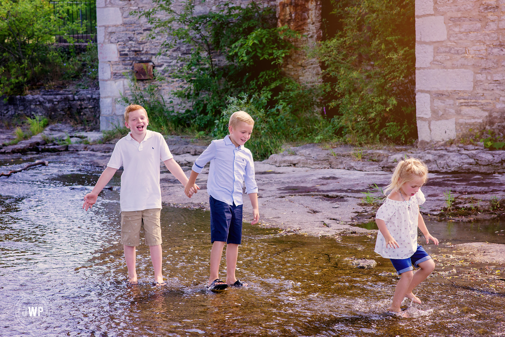 siblings Babcock Mill playing in river Kingston family photographer