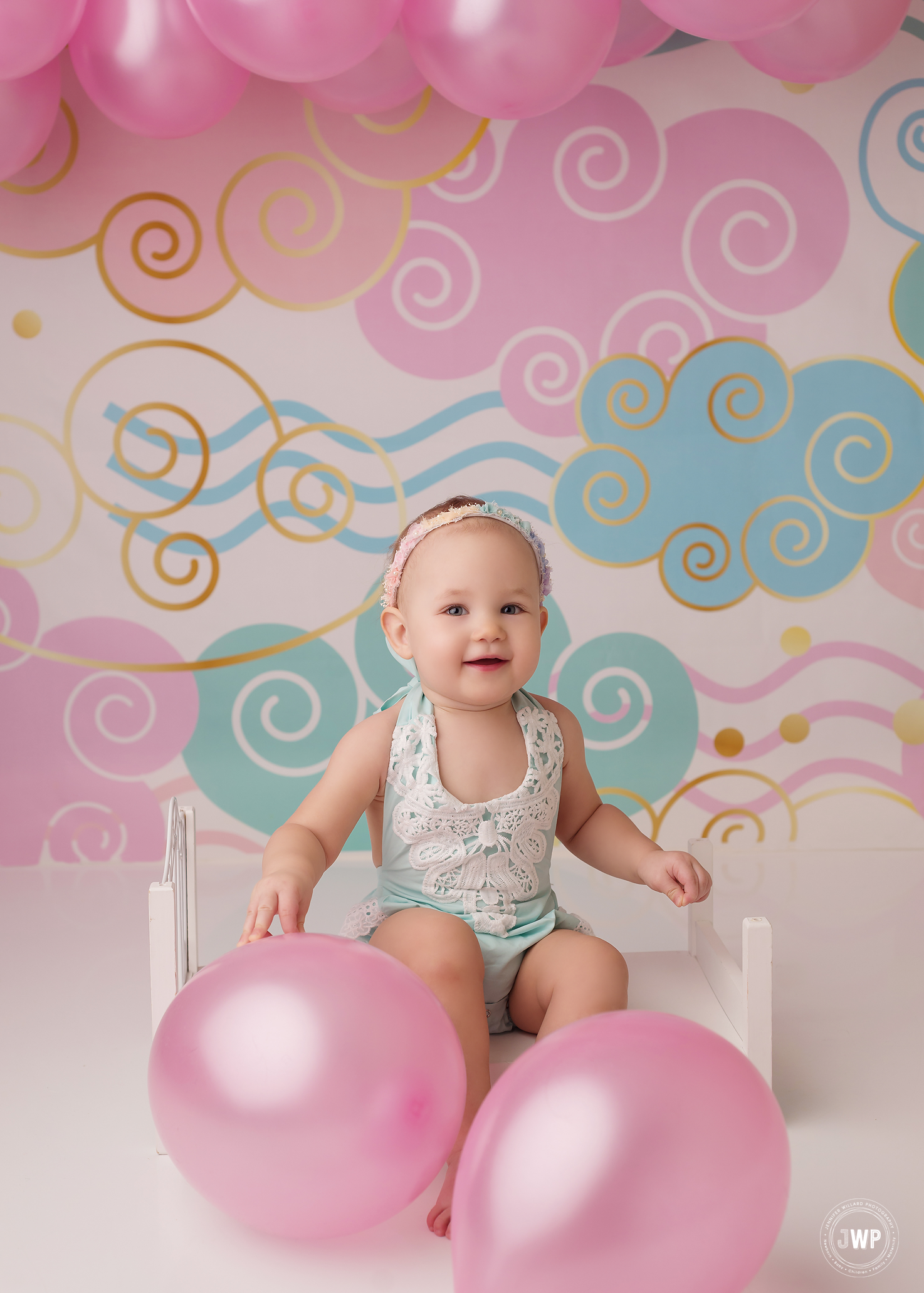 baby girl blue pink mint clouds Kingston first birthday portraits