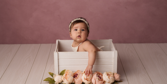 baby girl pink flowers white bucket Kingston portrait studio