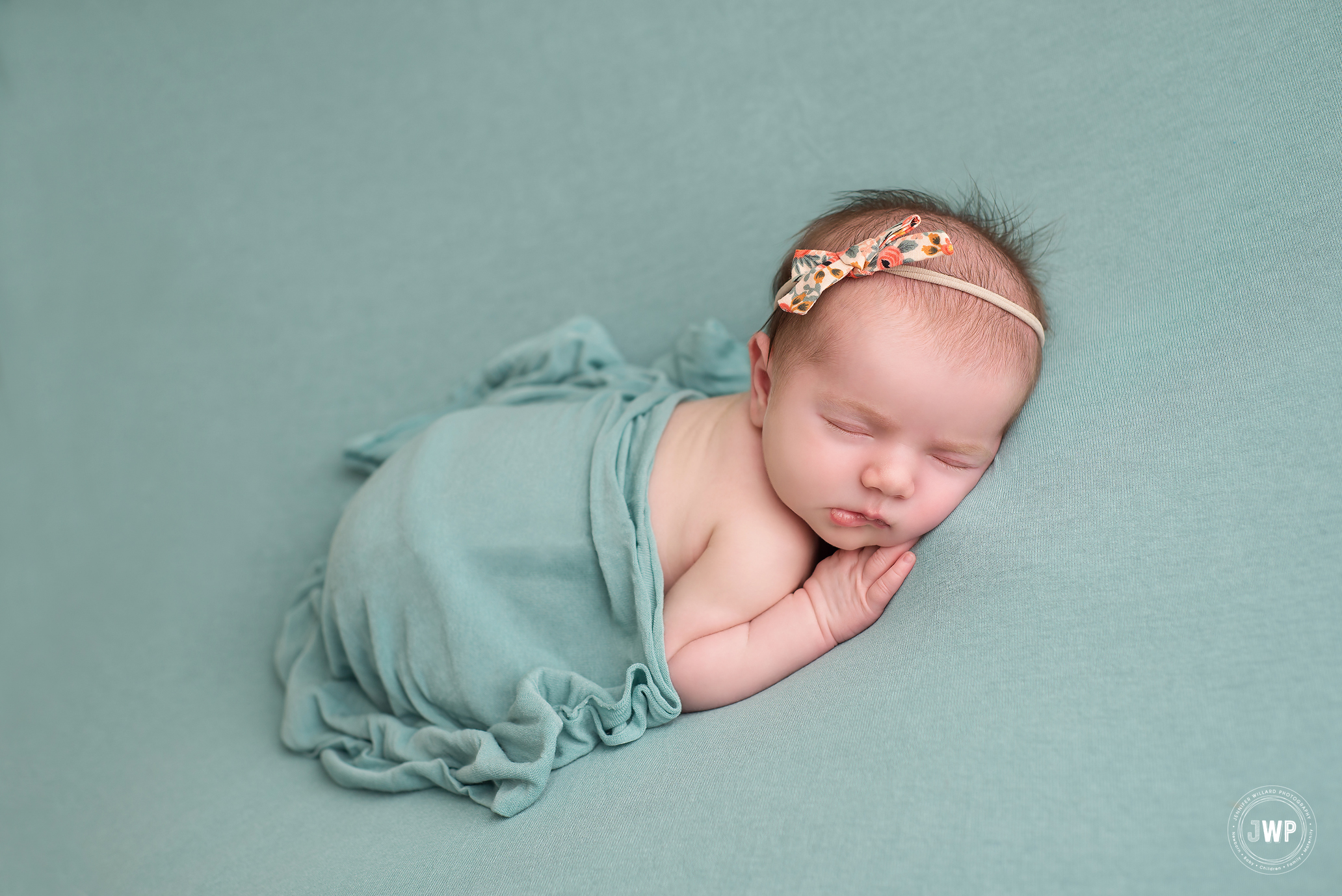 baby girl sage green blanket wrap bow headband Belleville newborn photographer
