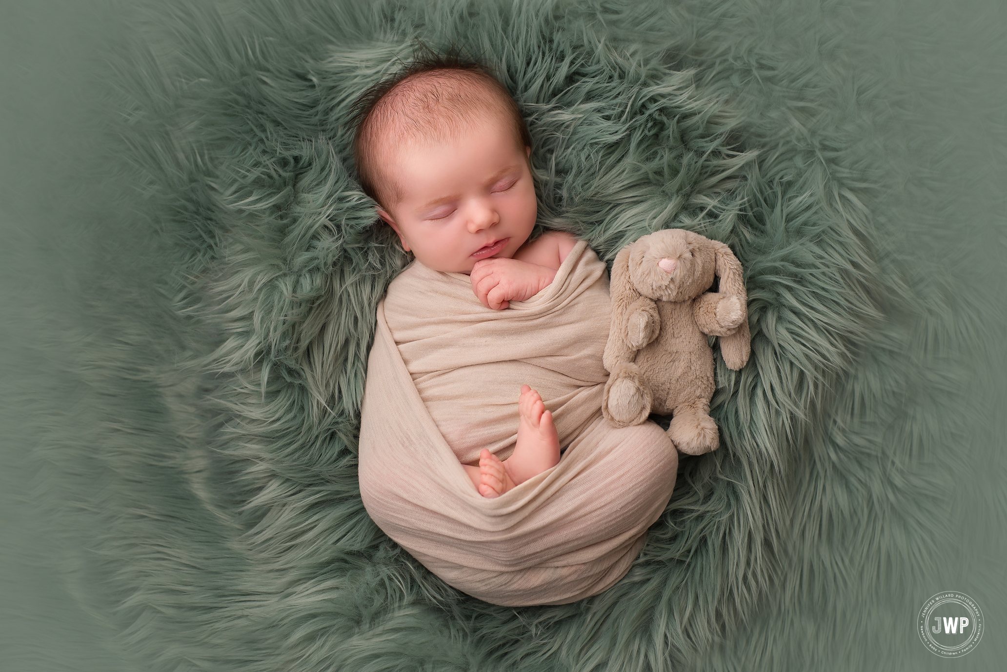 baby girl wrapped bunny stuffed animal Belleville newborn photographer
