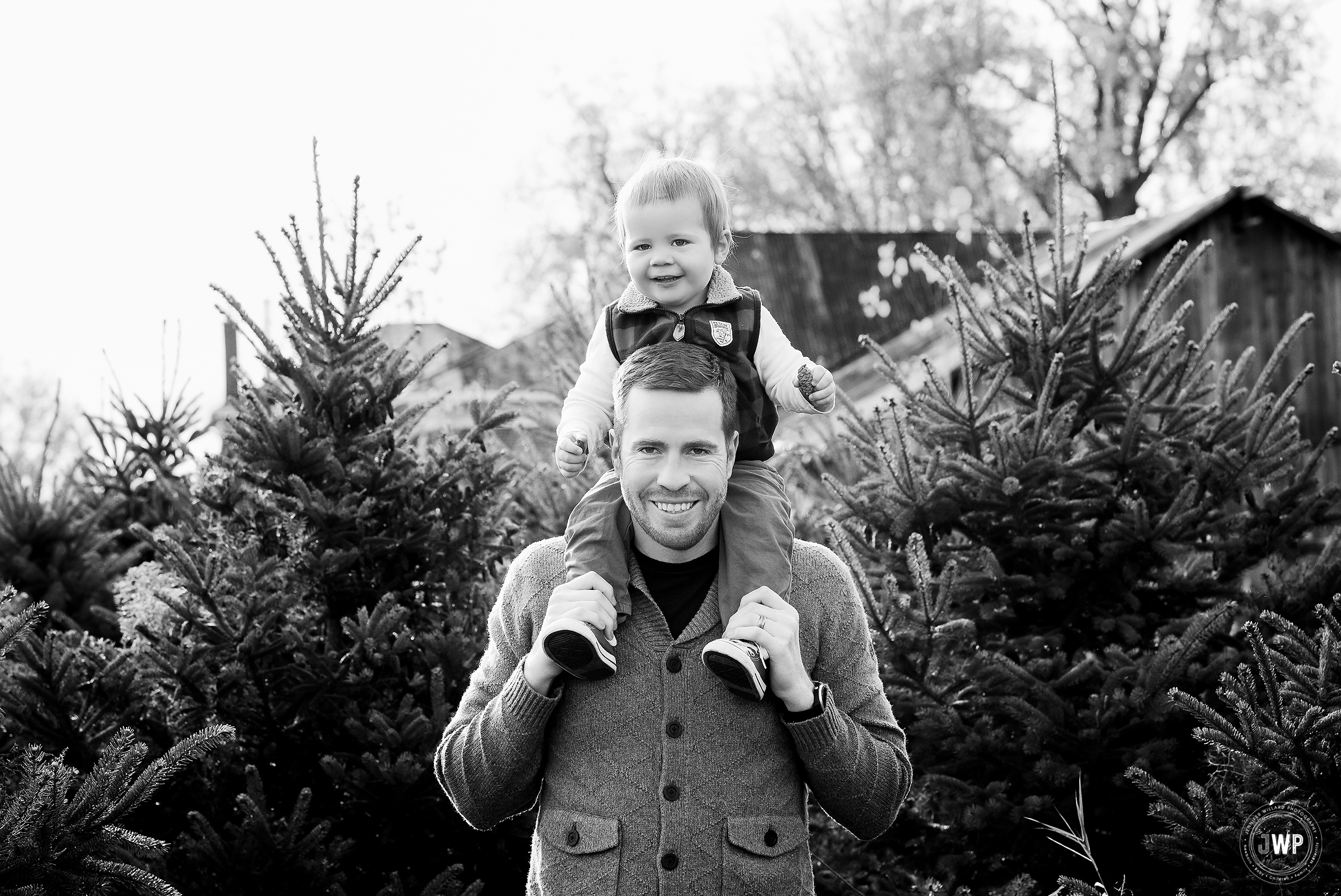 Father and Son on Shoulders Black and White Family Portrait Kingston Photographer