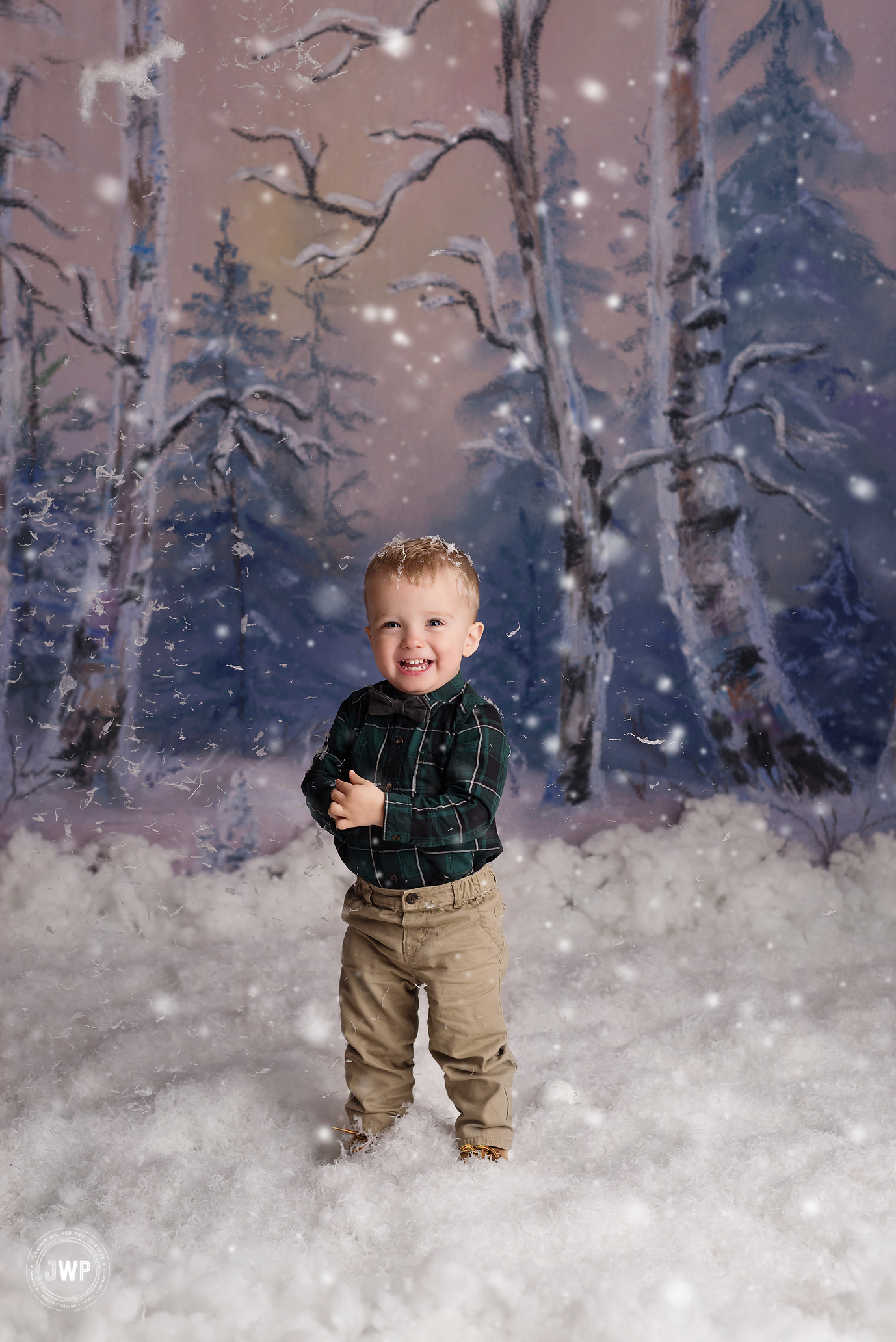 Winter scene boy falling snow trees Kingston children photographer